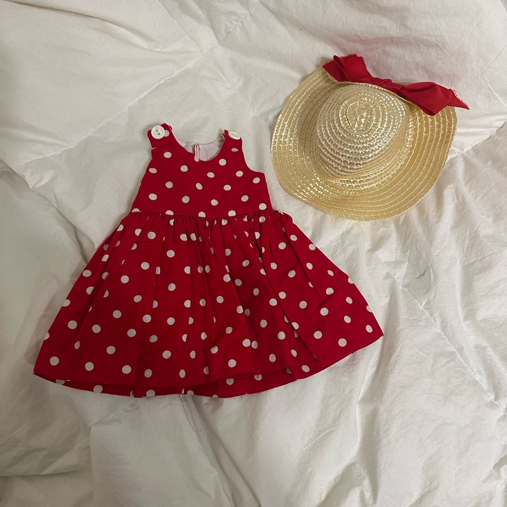 American Girl Doll Size Polka Dot Dress and Straw Hat